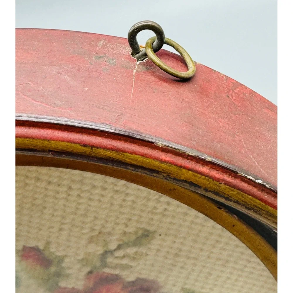 Vintage Needlepoint Floral Art Oval Wood Frame Wall Decor